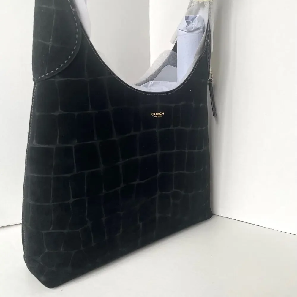 Coach Brooklyn 28 Black Croc-Embossed Suede Hobo Bag